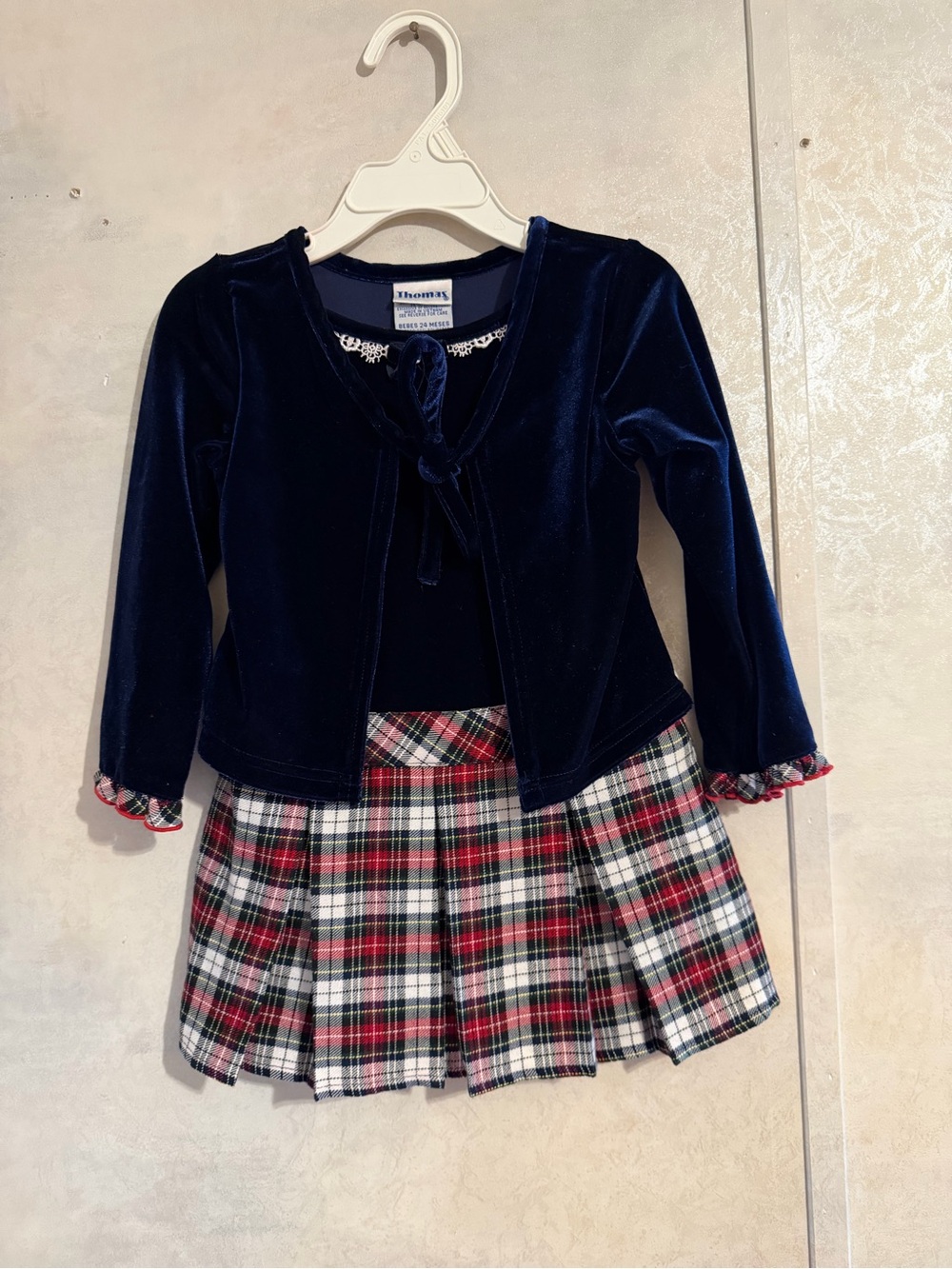 Vintage Girls Navy Velvet Top with Red Plaid Skirt Casual Dress